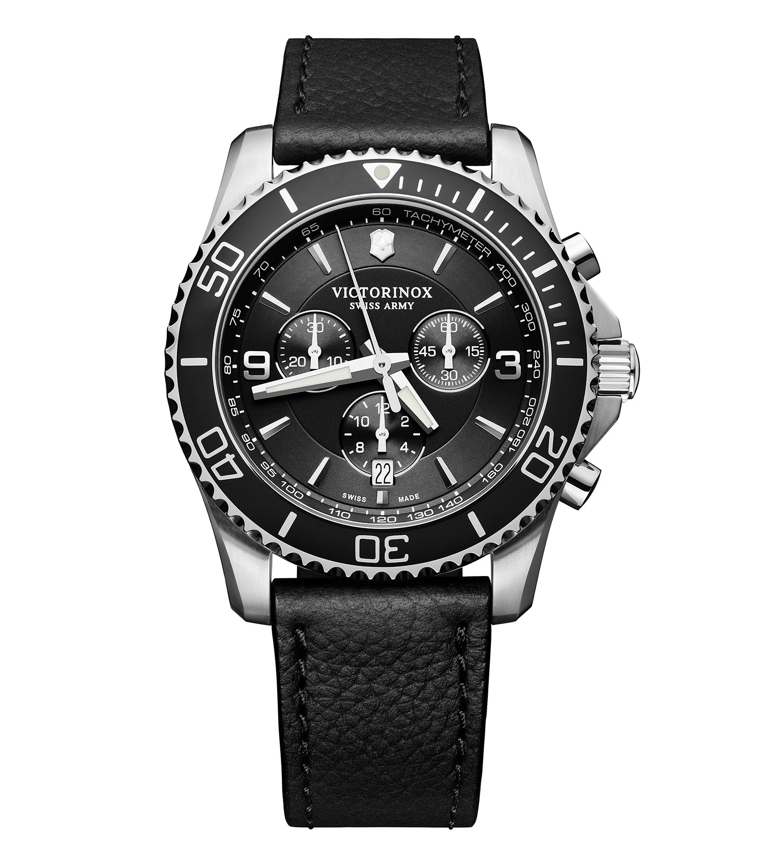 Victorinox Swiss Army Quartz Watch, front angle; sleek black dial with silver indices and red accents, bold yet elegant design.