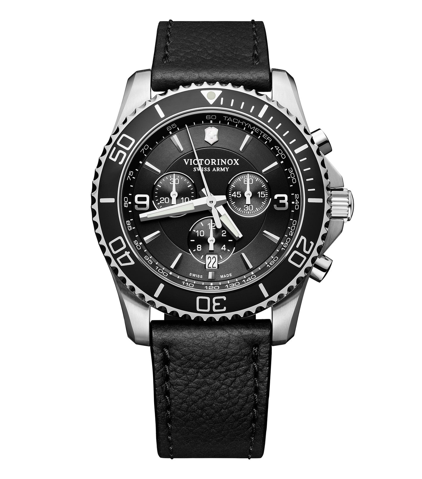 Victorinox Swiss Army Quartz Watch, front angle; sleek black dial with silver indices and red accents, bold yet elegant design.
