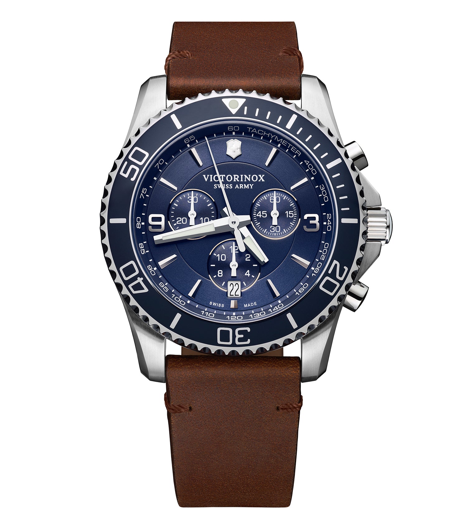 Victorinox Swiss Army watch, single-tone, angled display; silver bezel, intricate dial detailing showcasing precision craft.