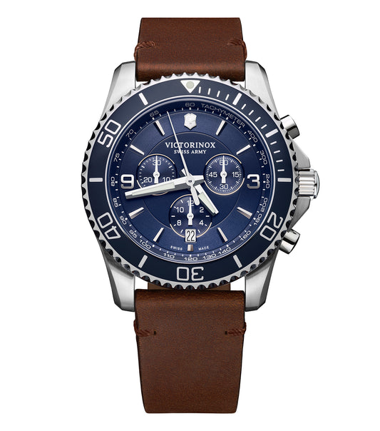 Victorinox Swiss Army watch, single-tone, angled display; silver bezel, intricate dial detailing showcasing precision craft.