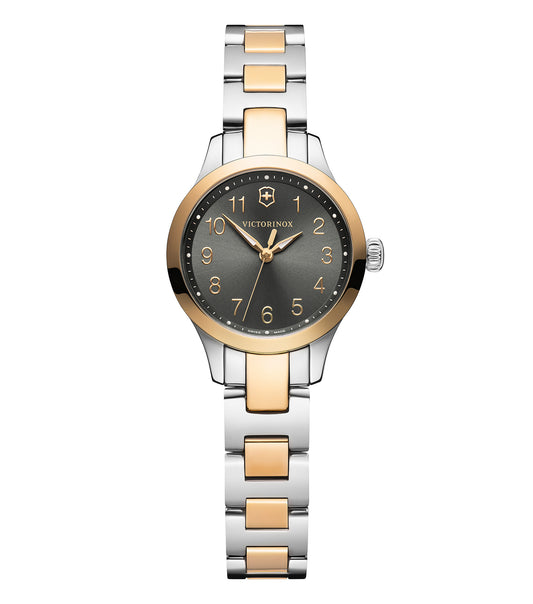 Victorinox Swiss Army quartz watch, beige color, front angle, showcasing elegant design and precise craftsmanship.