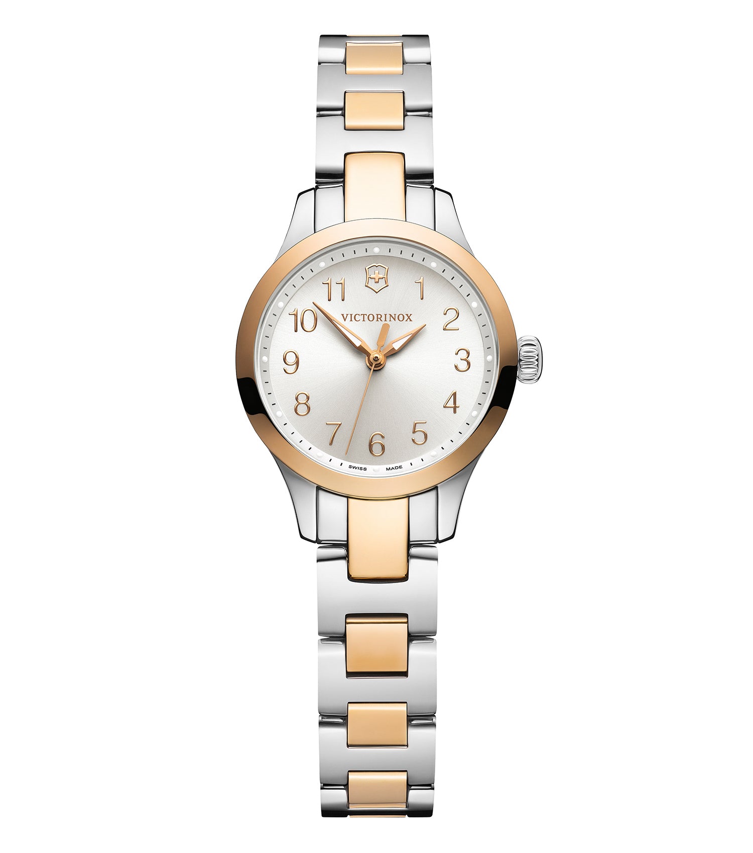 Victorinox Swiss Army Quartz Watch in elegant silver, showcased at a dynamic side angle highlighting its sleek design.