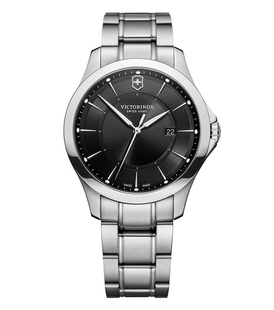 Victorinox Swiss Army watch, black, displaying a close-up of the front view; showcases sleek design and precise functionality.