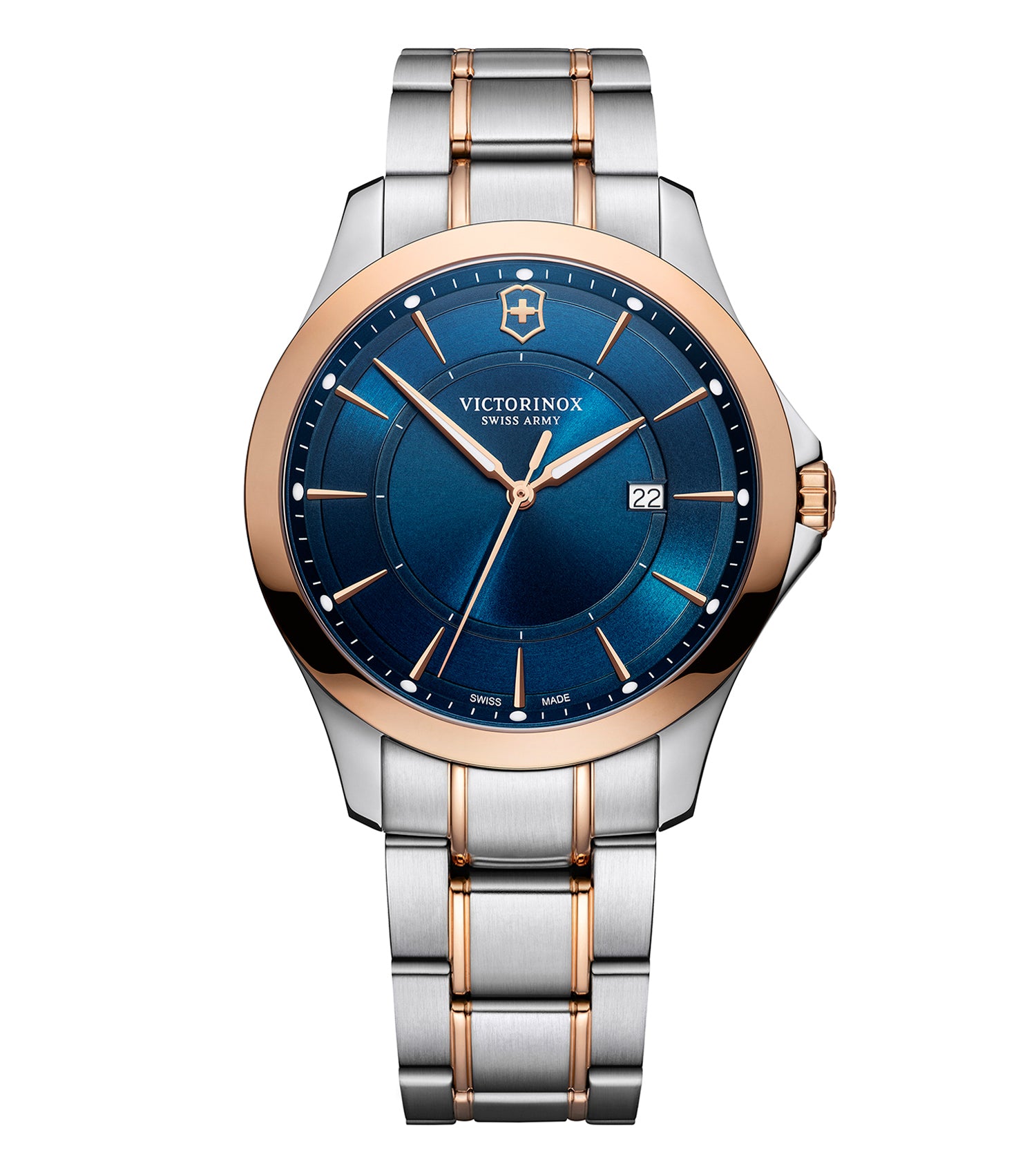 Victorinox Swiss Army watch with a minimalist design, seen from a frontal angle, showcasing its silver-tone finish and precise detailing.