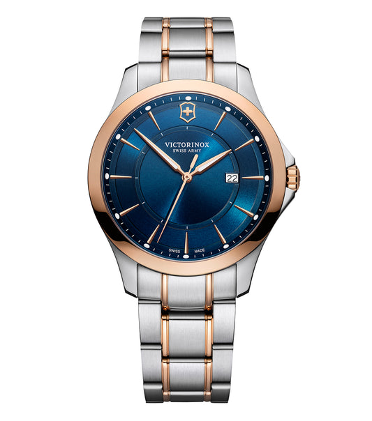 Victorinox Swiss Army watch with a minimalist design, seen from a frontal angle, showcasing its silver-tone finish and precise detailing.