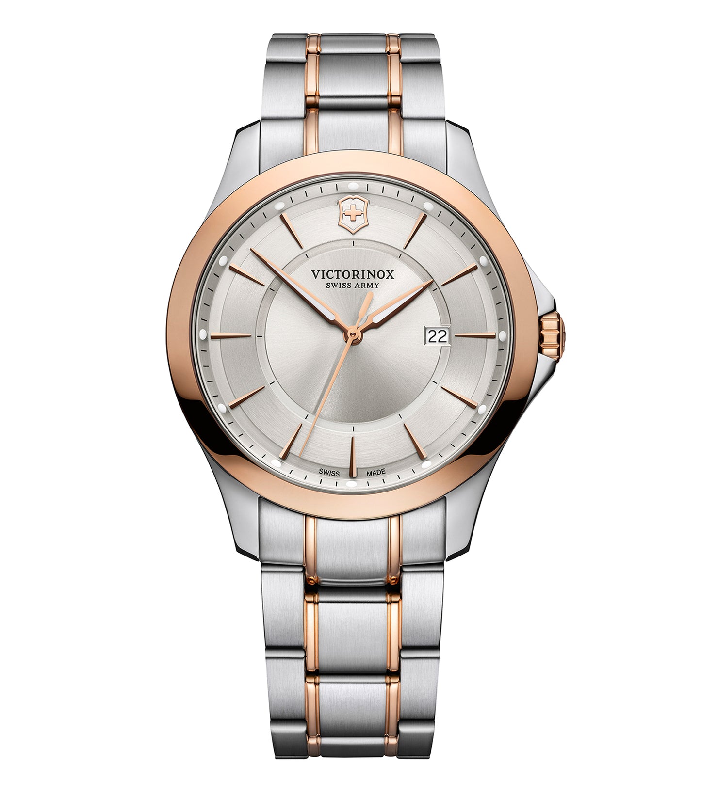 VictorInox Swiss Army watch, side angle in sleek silver, elegant black dial with bold numerals, precision timekeeping masterpiece.