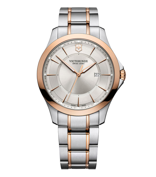 VictorInox Swiss Army watch, side angle in sleek silver, elegant black dial with bold numerals, precision timekeeping masterpiece.