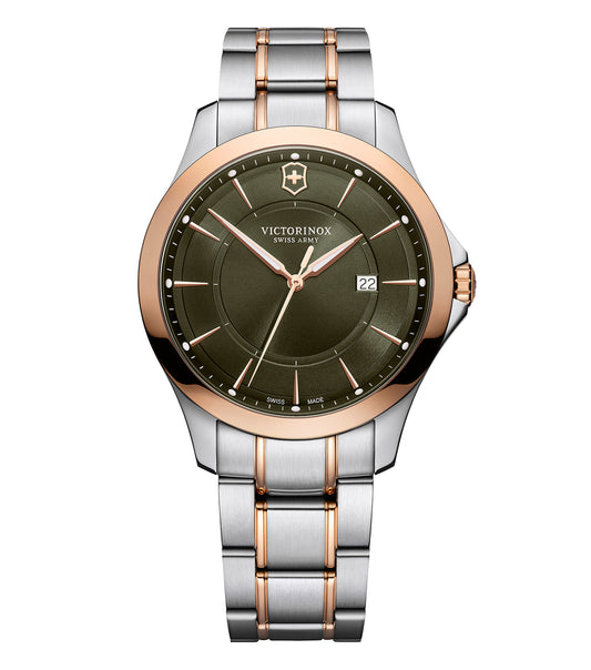 Victorinox Swiss Army watch in sleek black, detailed face with silver accents, captured in a dynamic three-quarter angle.