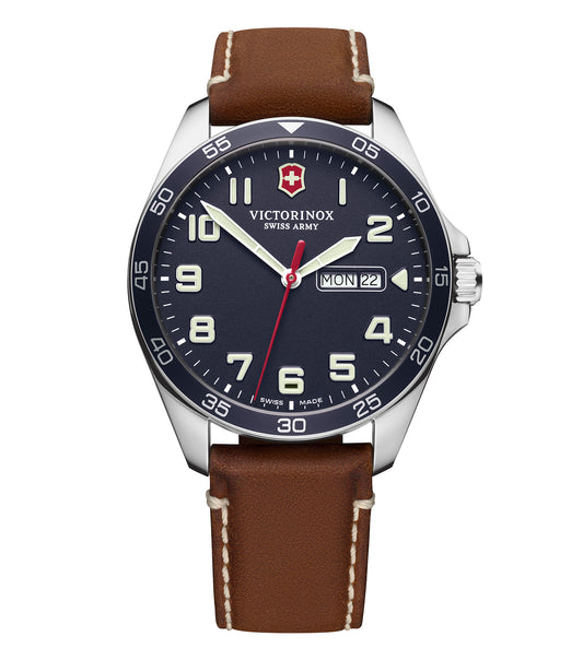 Victorinox Swiss Army Watch, 42mm, full-frontal view, black dial, bold white numerals, stainless steel case, sleek design.