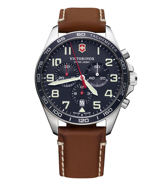 Victorinox Swiss Army watch in a neutral hue, angled slightly to the left, showcasing its metallic band and detailed case design.