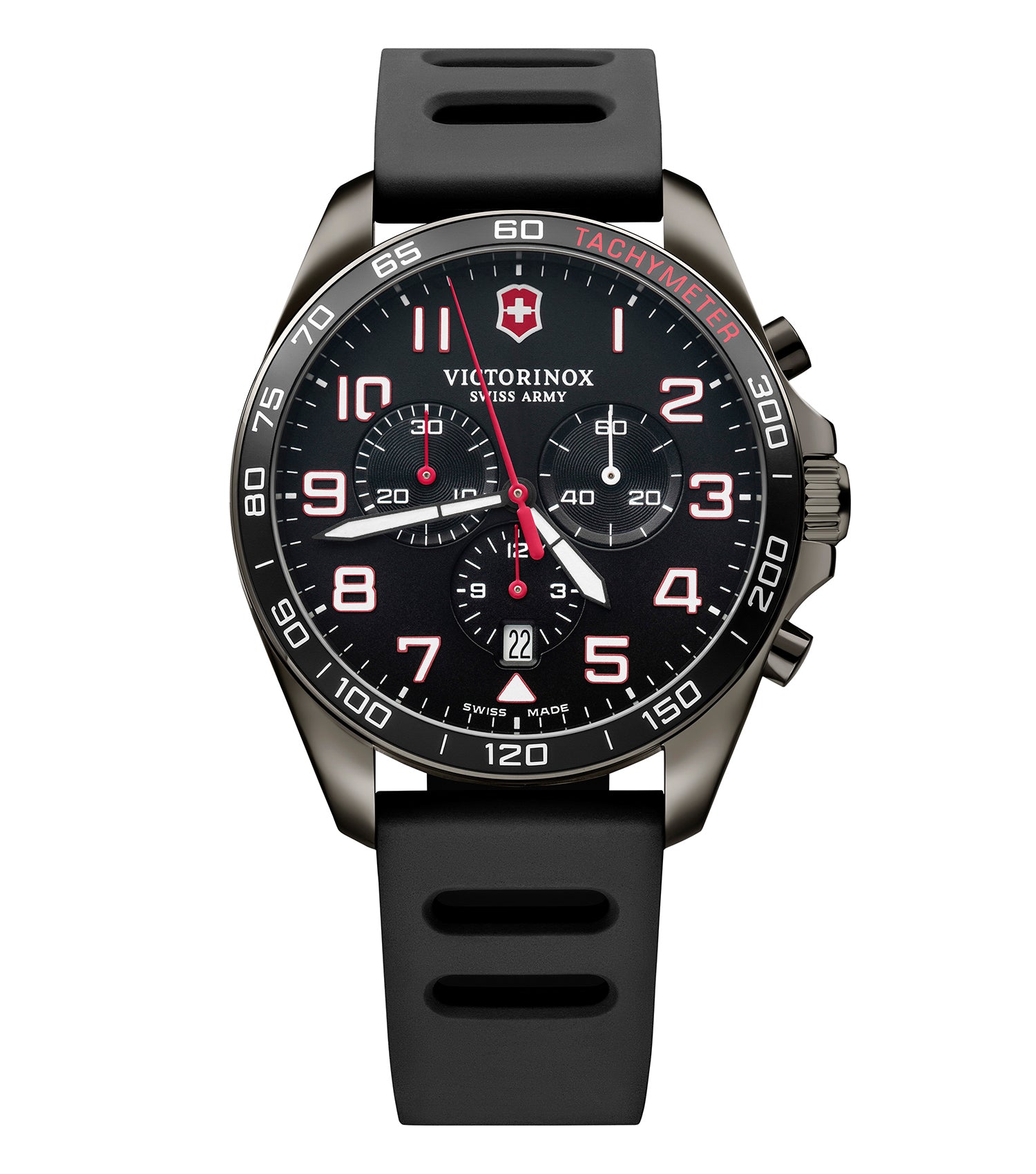 VictorInox Swiss Army watch featuring a black dial, silver accents, and stainless steel bracelet displayed at a 45-degree angle.