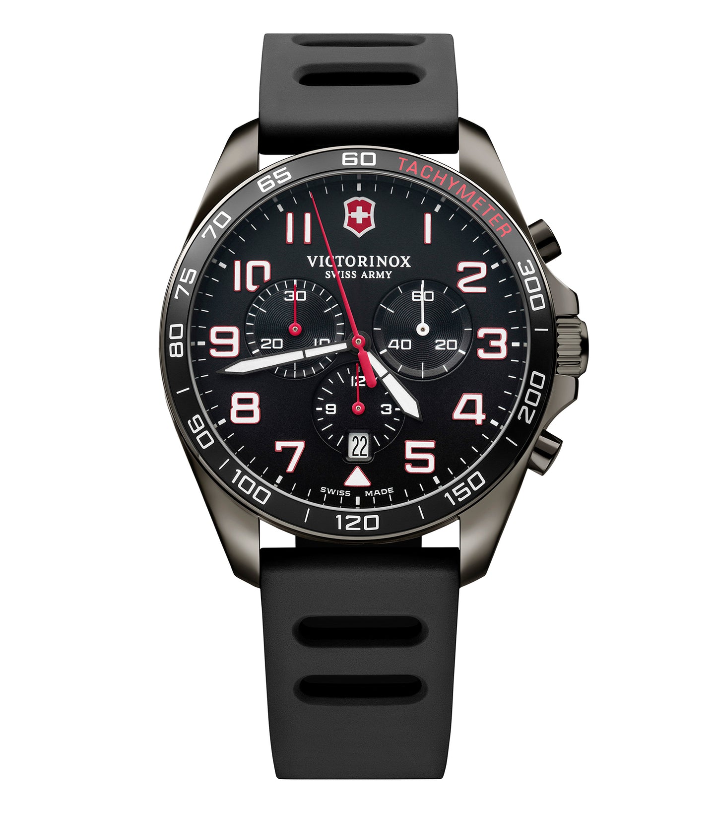 VictorInox Swiss Army watch featuring a black dial, silver accents, and stainless steel bracelet displayed at a 45-degree angle.