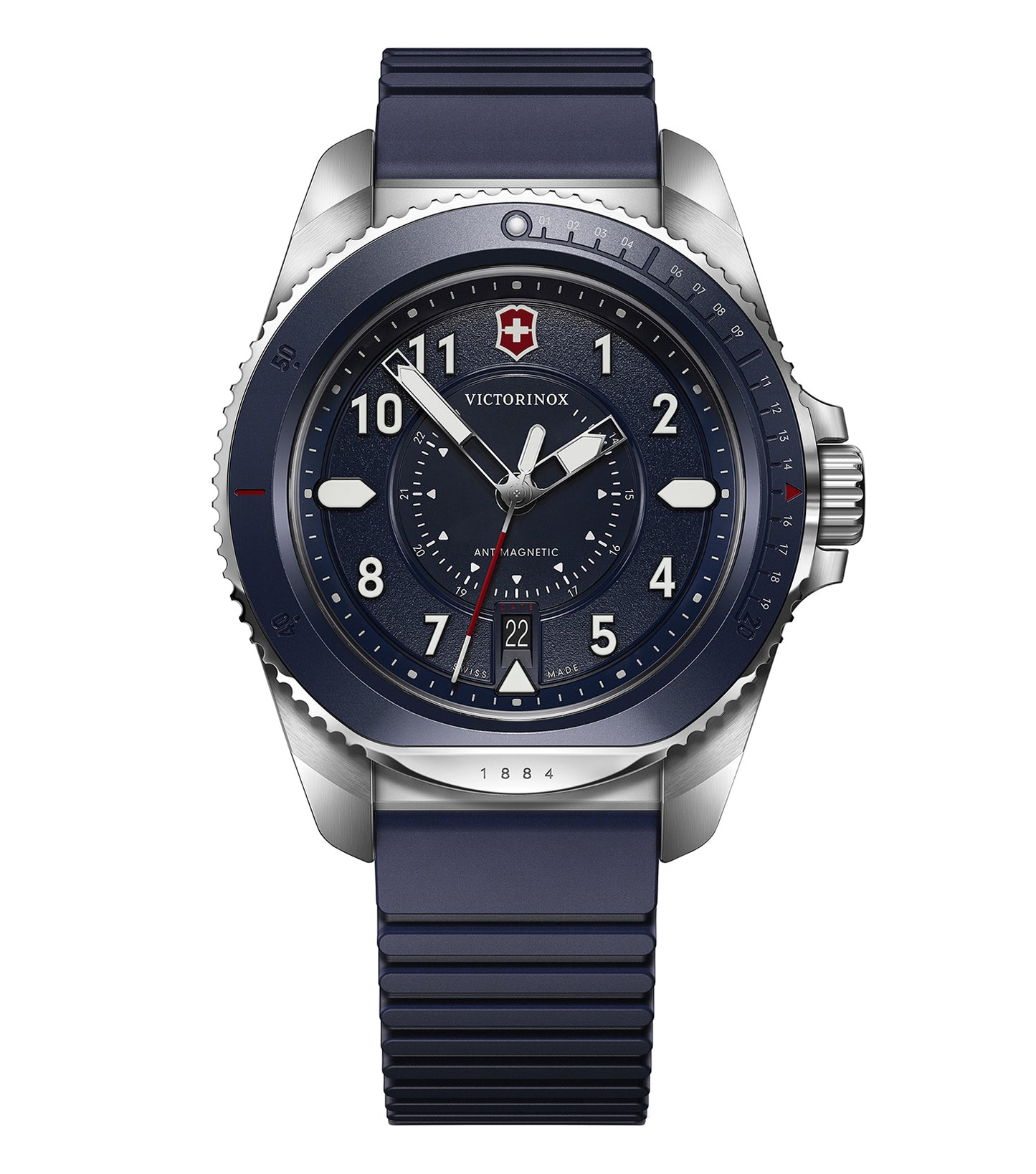 Victorinox Swiss Army blue watch, angled at 43-degree, showcasing sleek design and precision craftsmanship, ideal for enthusiasts.