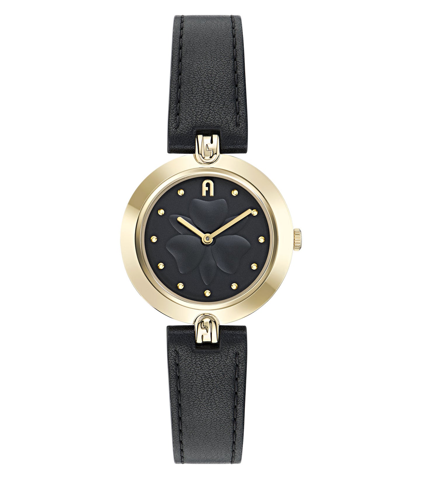 Yellow Gold case  Black leather strap  Black dial