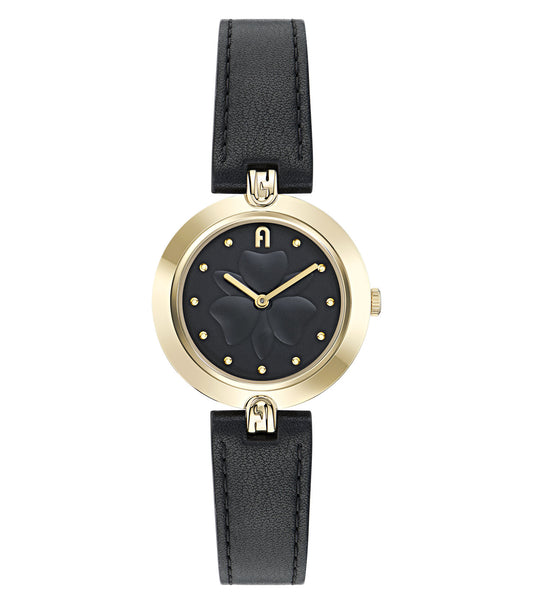 Yellow Gold case  Black leather strap  Black dial