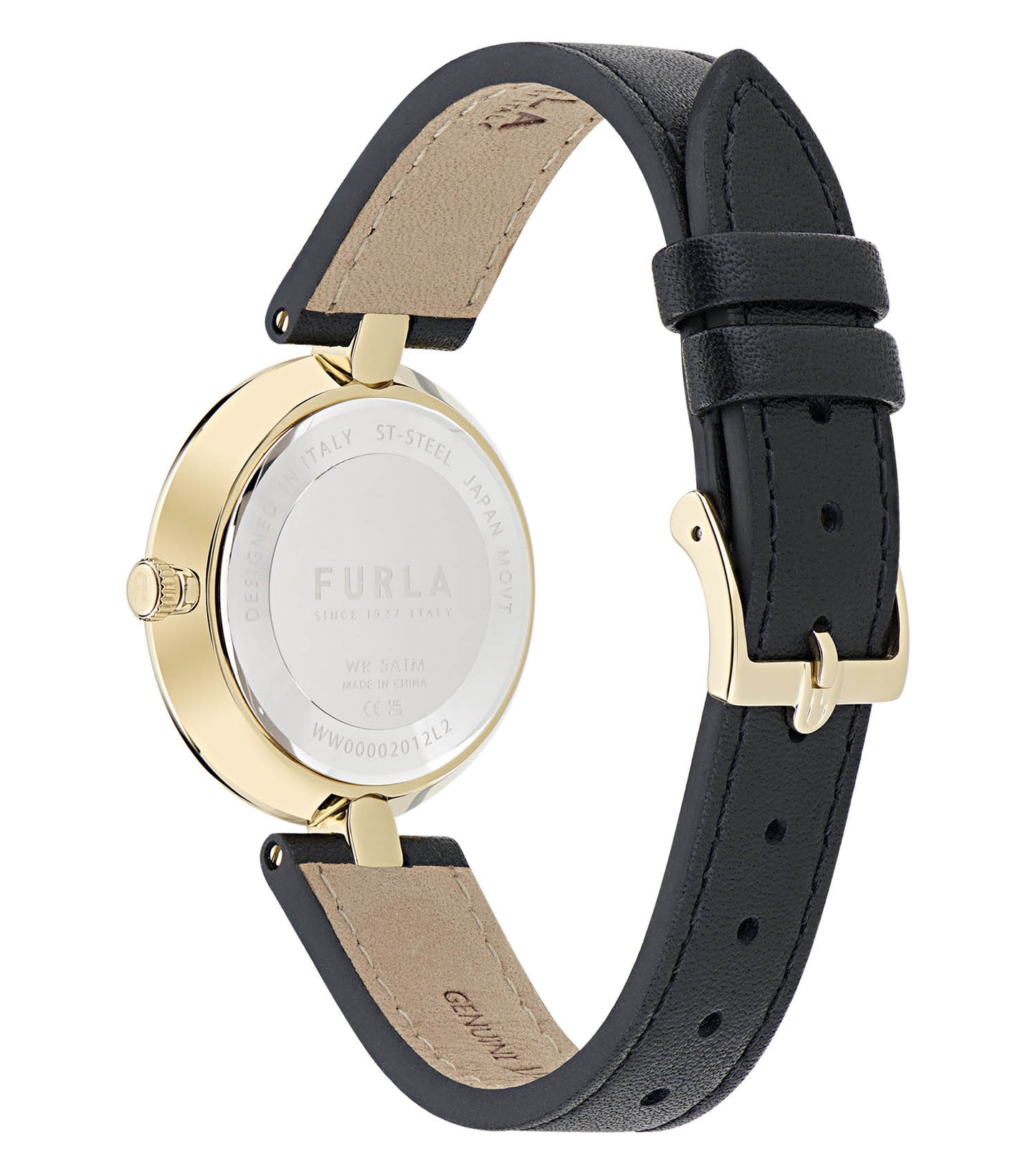 Yellow Gold case  Black leather strap  Black dial