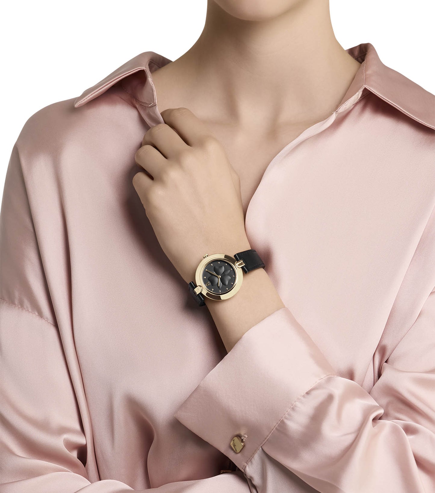 Yellow Gold case  Black leather strap  Black dial