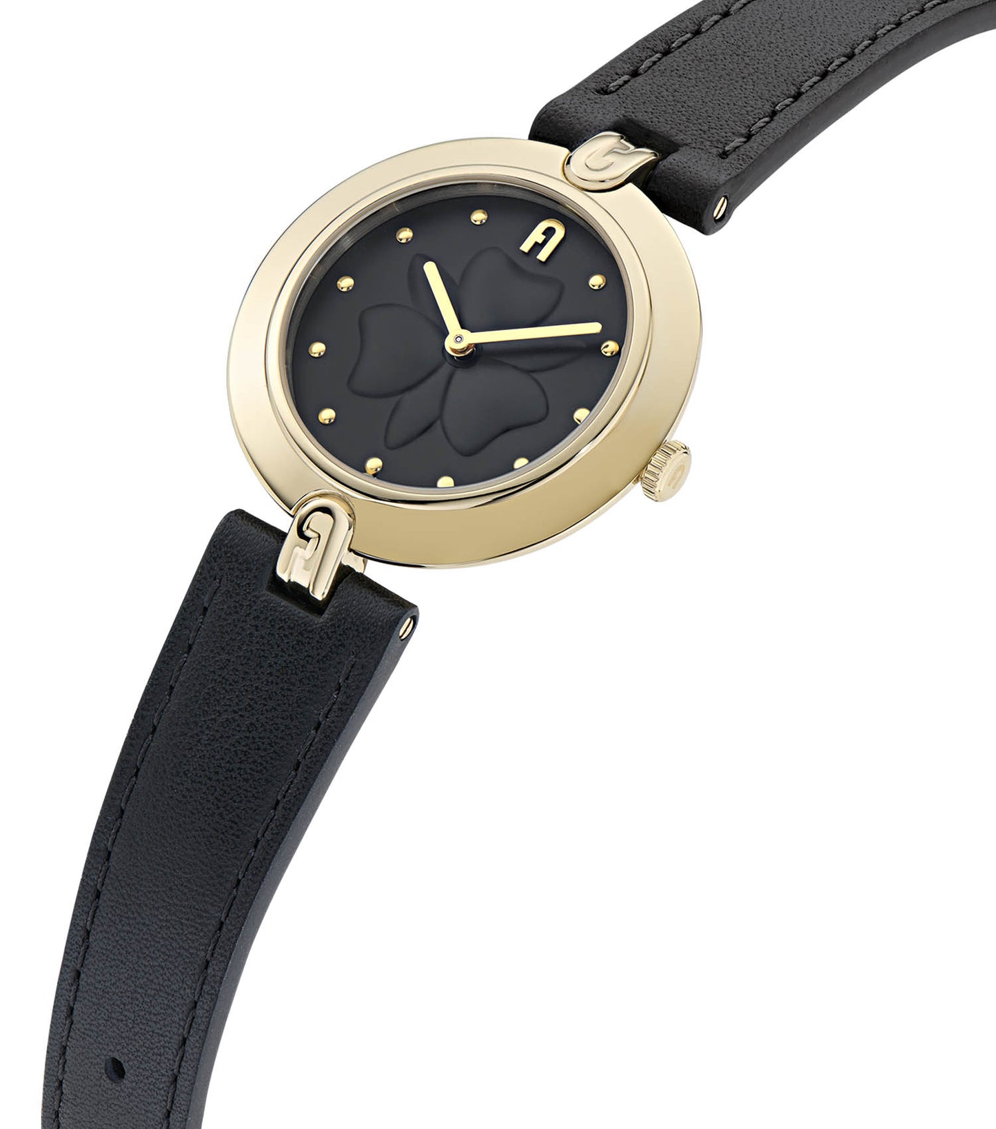 Yellow Gold case  Black leather strap  Black dial
