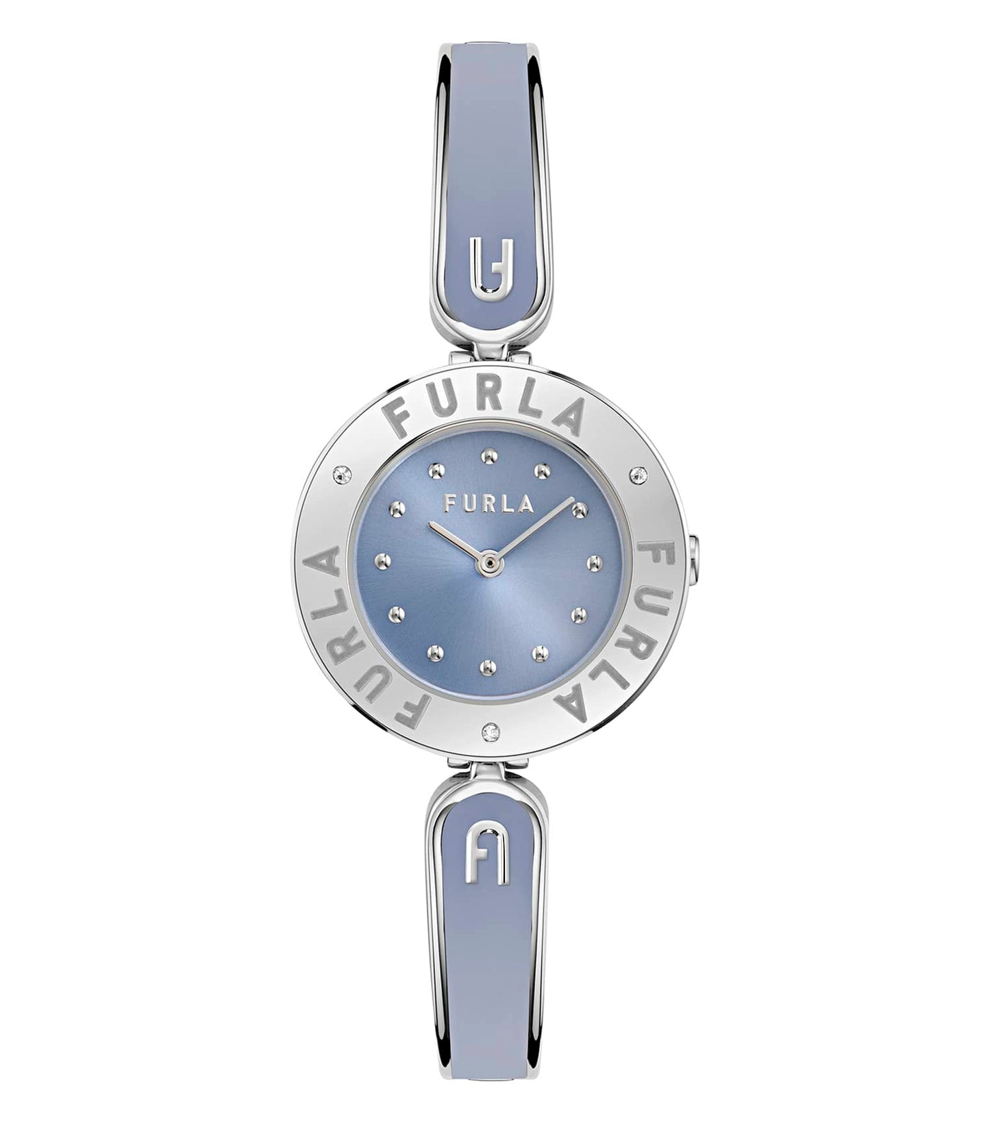Silver case w/crystals - Silver bangle w/ Light Blue enamel - Light Blue dial