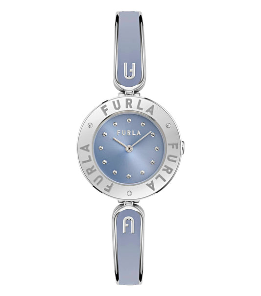 Silver case w/crystals - Silver bangle w/ Light Blue enamel - Light Blue dial