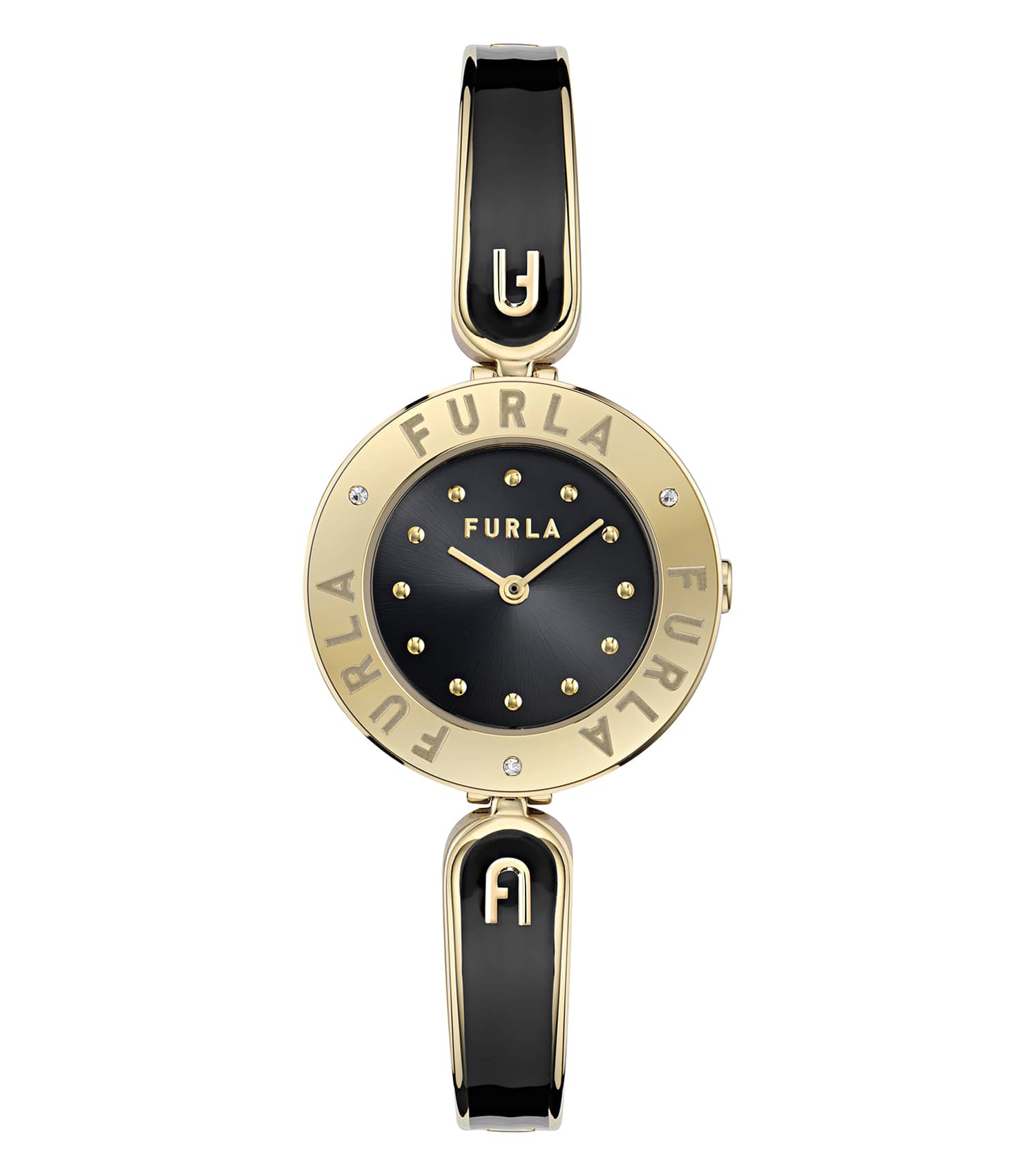 Yellow Gold case w/crystals - Yellow Gold bangle w/ Black enamel- Black dial