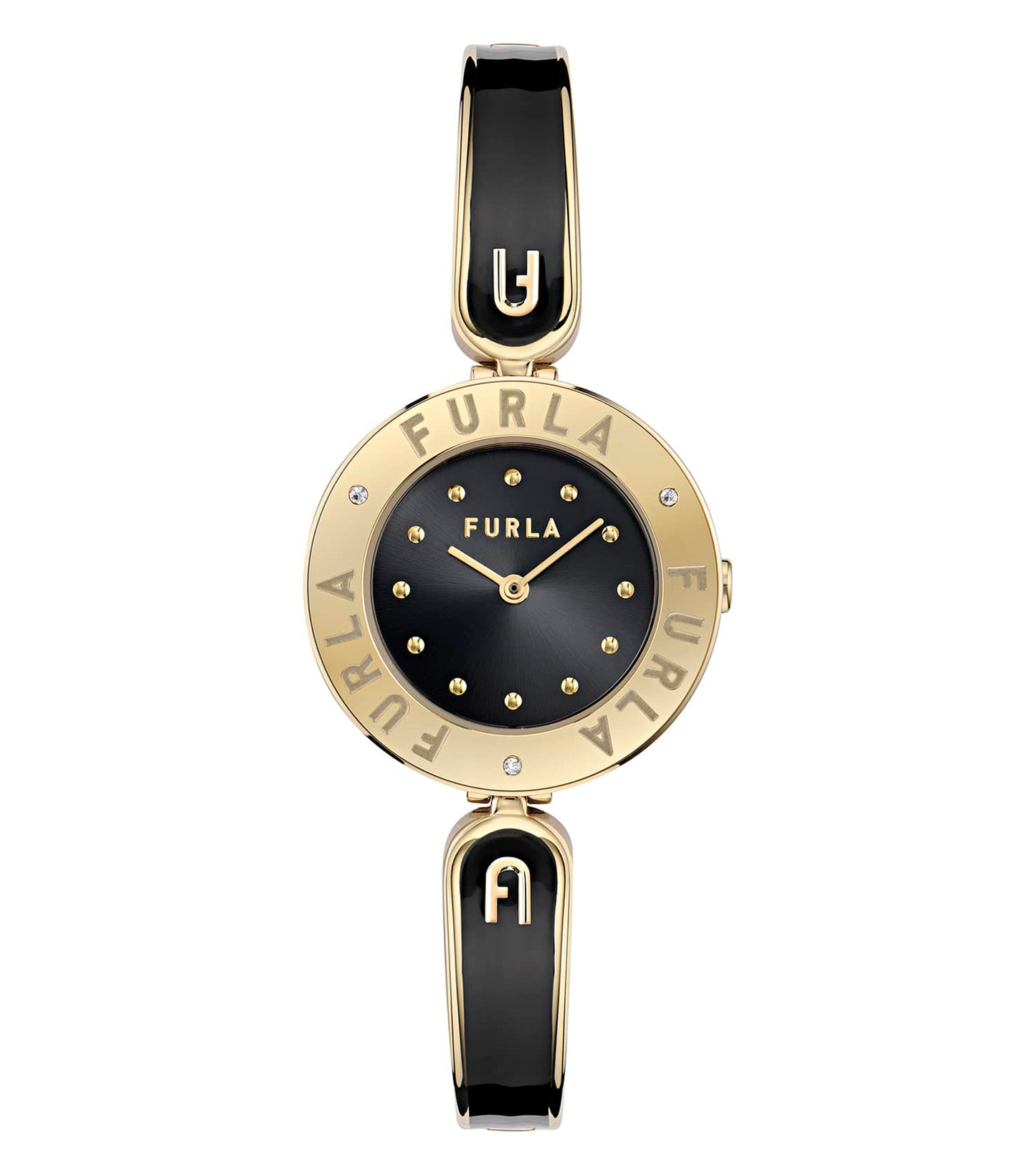 Yellow Gold case w/crystals - Yellow Gold bangle w/ Black enamel- Black dial