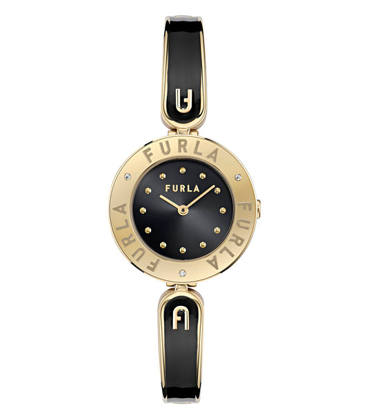 Yellow Gold case w/crystals - Yellow Gold bangle w/ Black enamel- Black dial