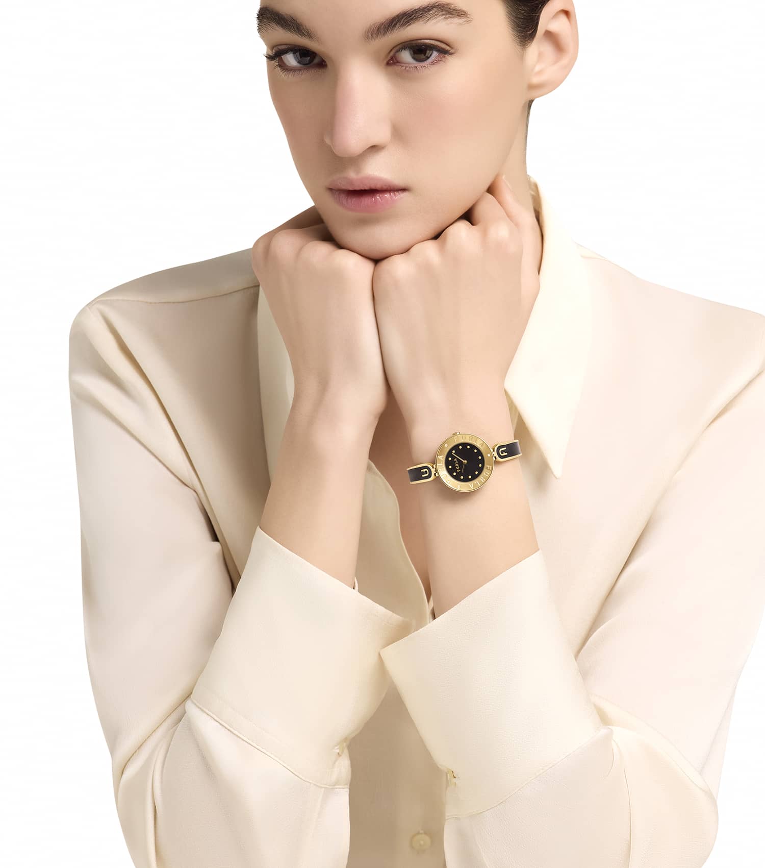 Yellow Gold case w/crystals - Yellow Gold bangle w/ Black enamel- Black dial