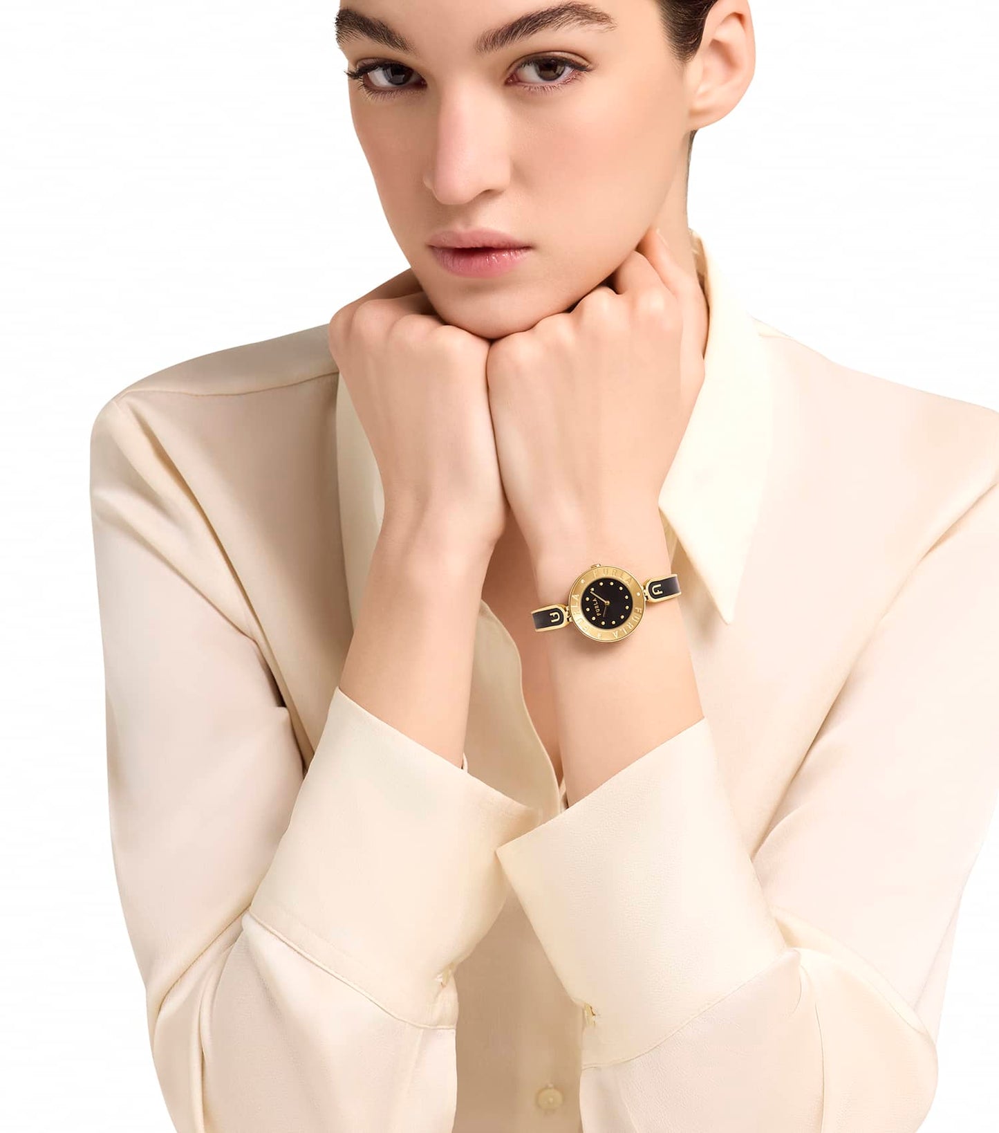 Yellow Gold case w/crystals - Yellow Gold bangle w/ Black enamel- Black dial