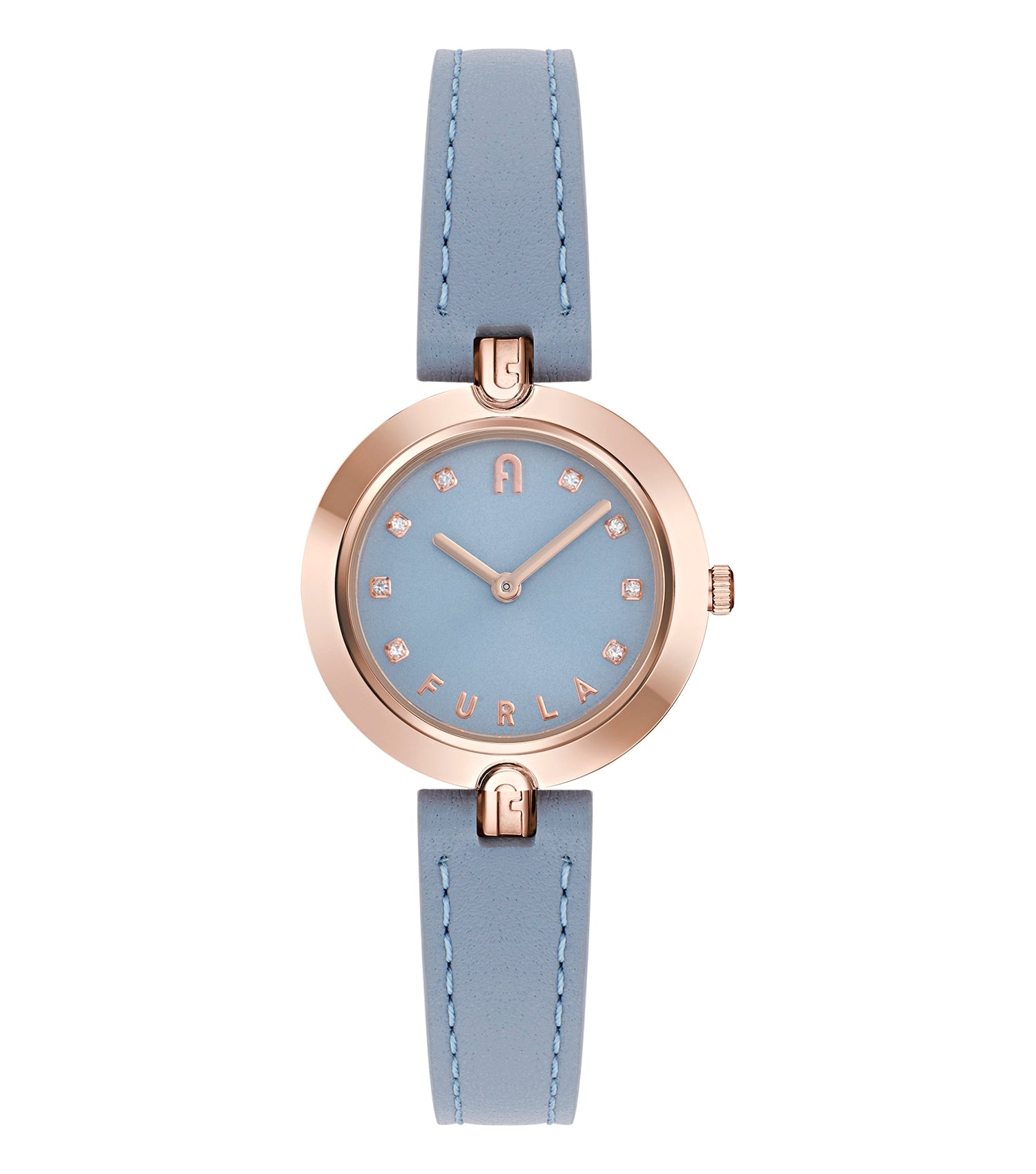 Furla blue watch with a sleek design, featuring a classic round face and silver accents, angled at the front view.