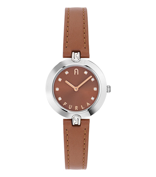 Furla brown leather watch with links, showcased at an elegant angle, highlighting luxury craftsmanship in watch design.