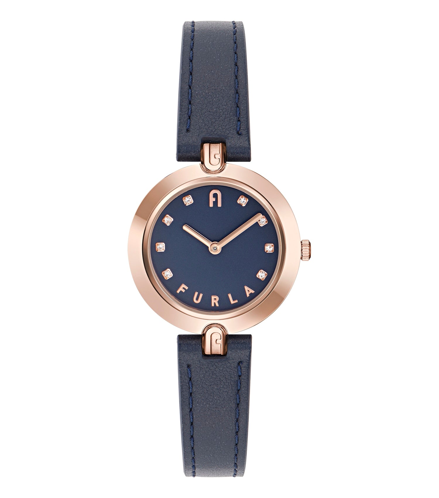 Furla Links watch in elegant blue color, featuring a minimalist face and a sleek, modern design. Side view highlighting craftsmanship.