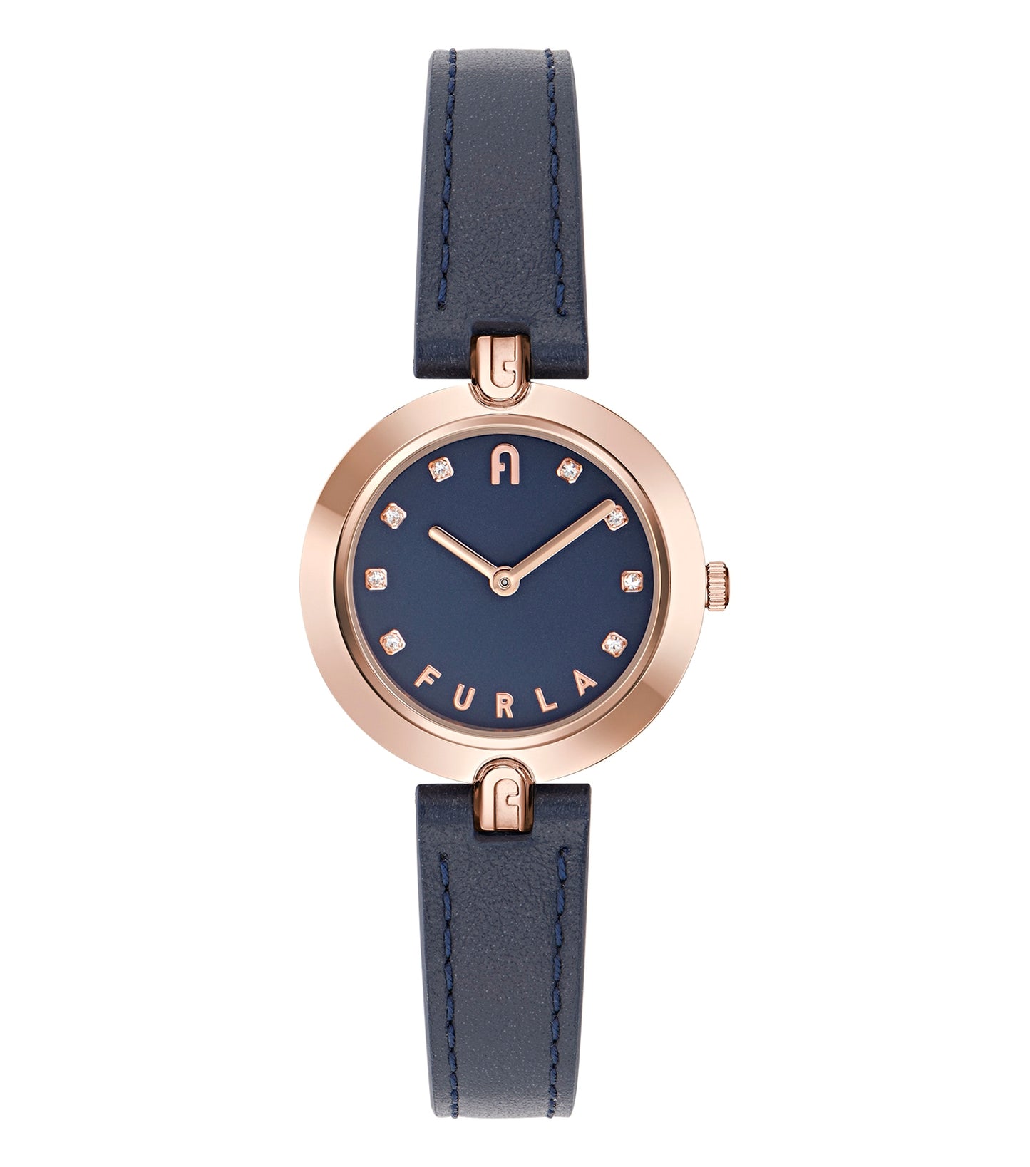 Furla Links watch in elegant blue color, featuring a minimalist face and a sleek, modern design. Side view highlighting craftsmanship.