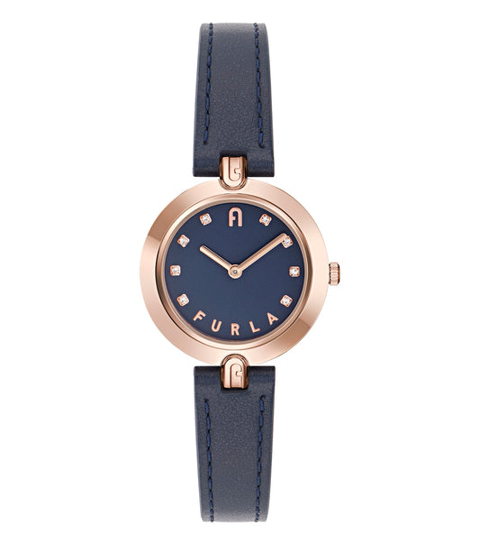Furla Links watch in elegant blue color, featuring a minimalist face and a sleek, modern design. Side view highlighting craftsmanship.