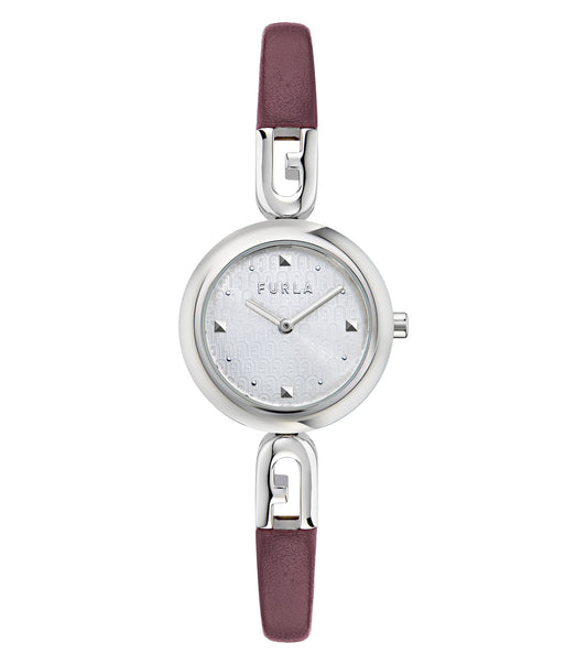 Silver case  Silver bangle Dark Red leather wrap  Silver dial