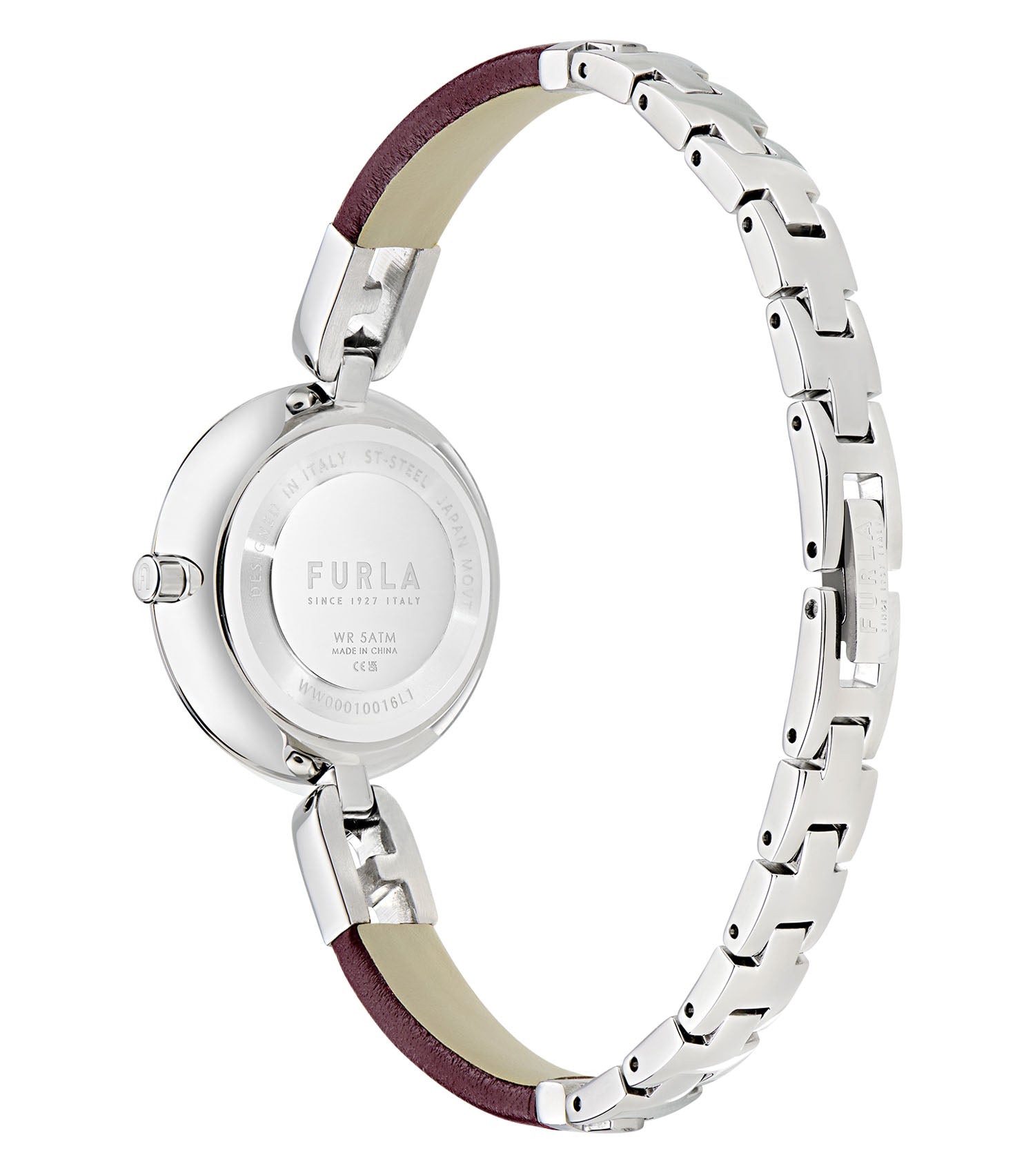Silver case  Silver bangle Dark Red leather wrap  Silver dial