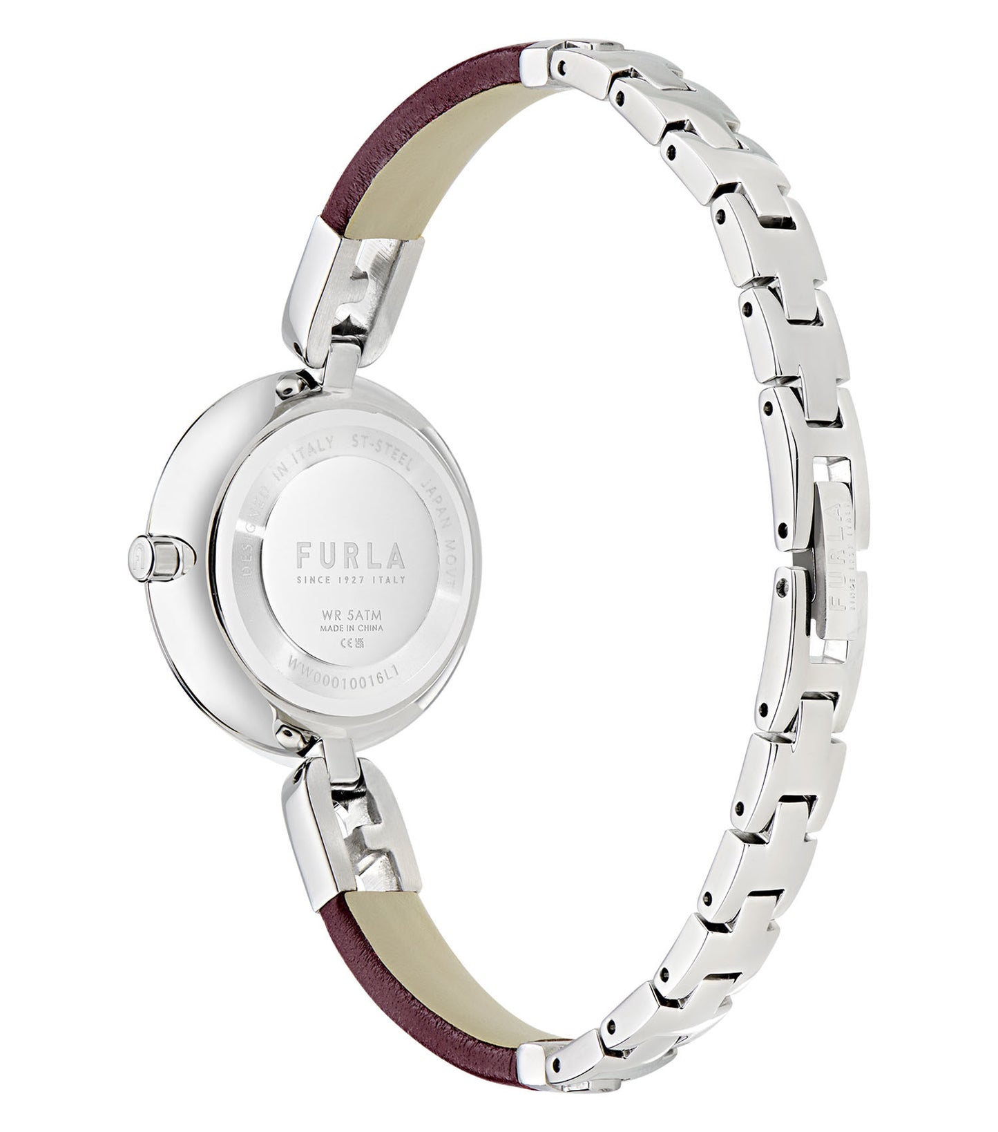 Silver case  Silver bangle Dark Red leather wrap  Silver dial