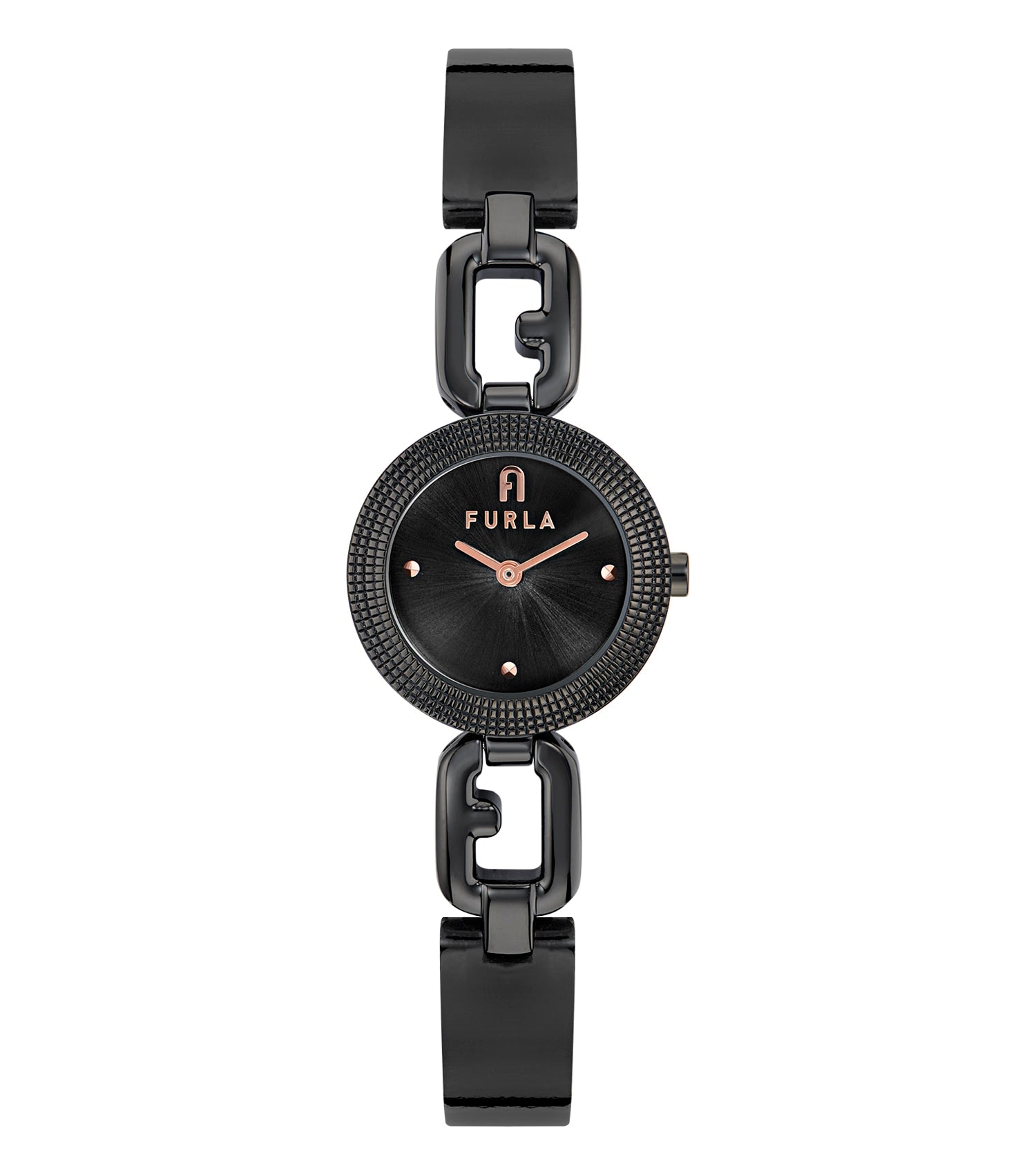 Furla black chain watch with an easygoing flow, displayed at a slight angle emphasizing its sleek and modern design.