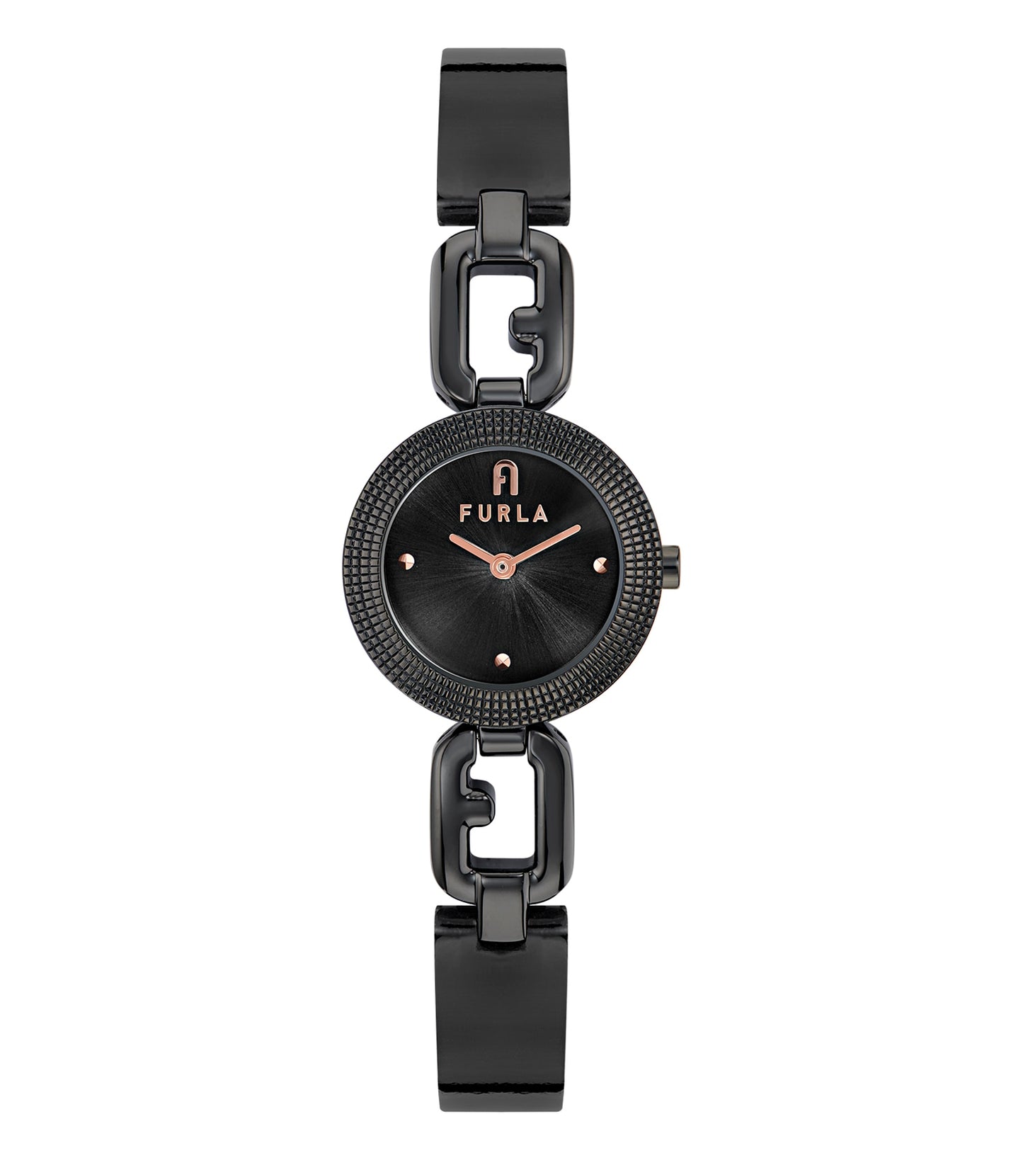Furla black chain watch with an easygoing flow, displayed at a slight angle emphasizing its sleek and modern design.