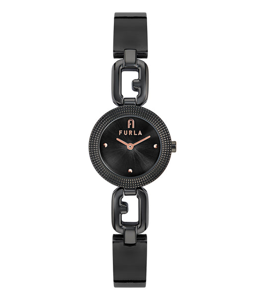 Furla black chain watch with an easygoing flow, displayed at a slight angle emphasizing its sleek and modern design.