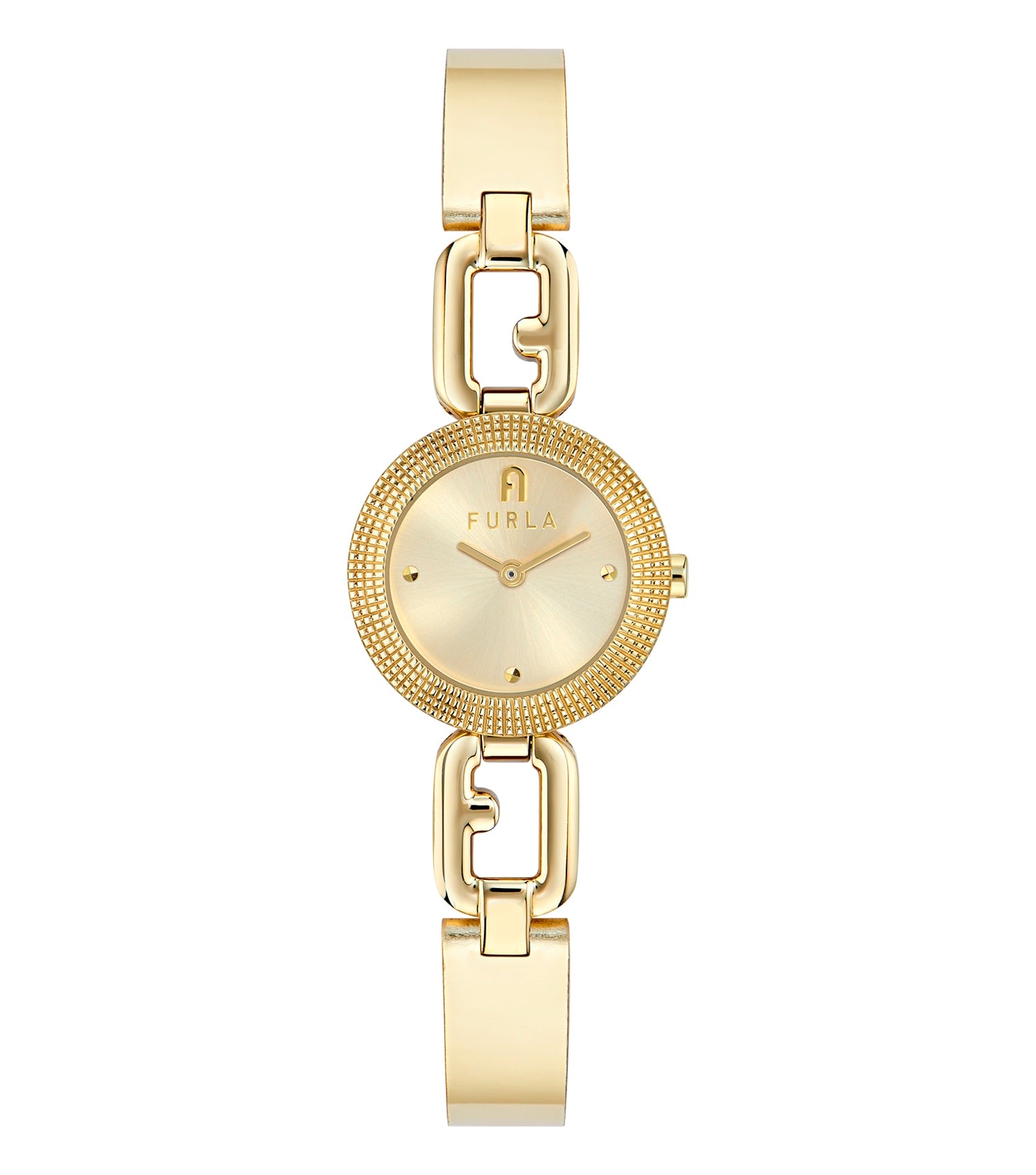 Elegant Furla yellow gold chain bracelet displayed from a side angle showcases exquisite craftsmanship in luxurious detail.