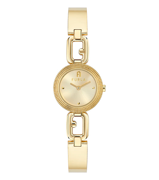 Elegant Furla yellow gold chain bracelet displayed from a side angle showcases exquisite craftsmanship in luxurious detail.