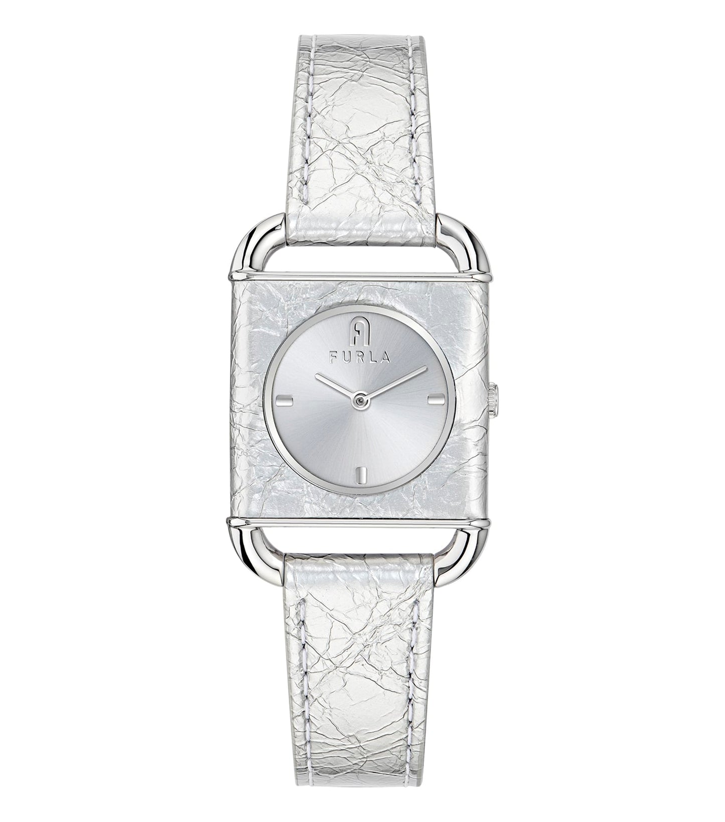 Silver square Furla watch with a minimalist design and delicate details, showcasing the timepiece face-up at an elegant angle.