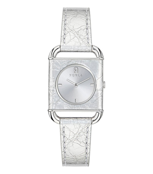 Silver square Furla watch with a minimalist design and delicate details, showcasing the timepiece face-up at an elegant angle.