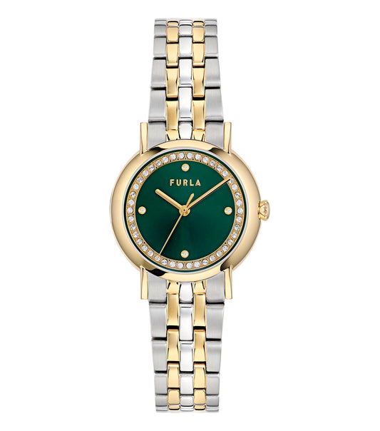 Furla green watch, side angle view showcasing easygoing design and sleek shape; an elegant timepiece for style enthusiasts.