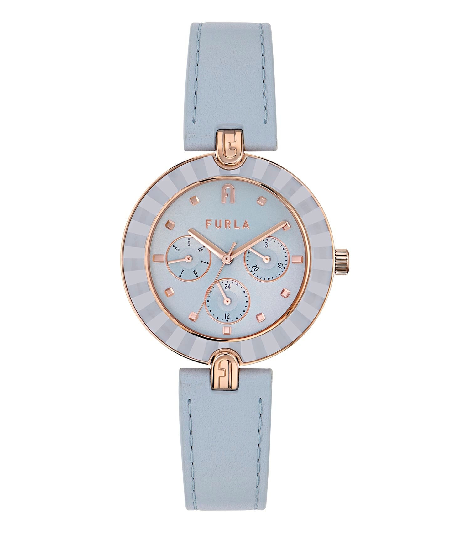 Furla brown wristwatch with elegant links, side angle view showcasing its sophisticated dial and minimalist design.