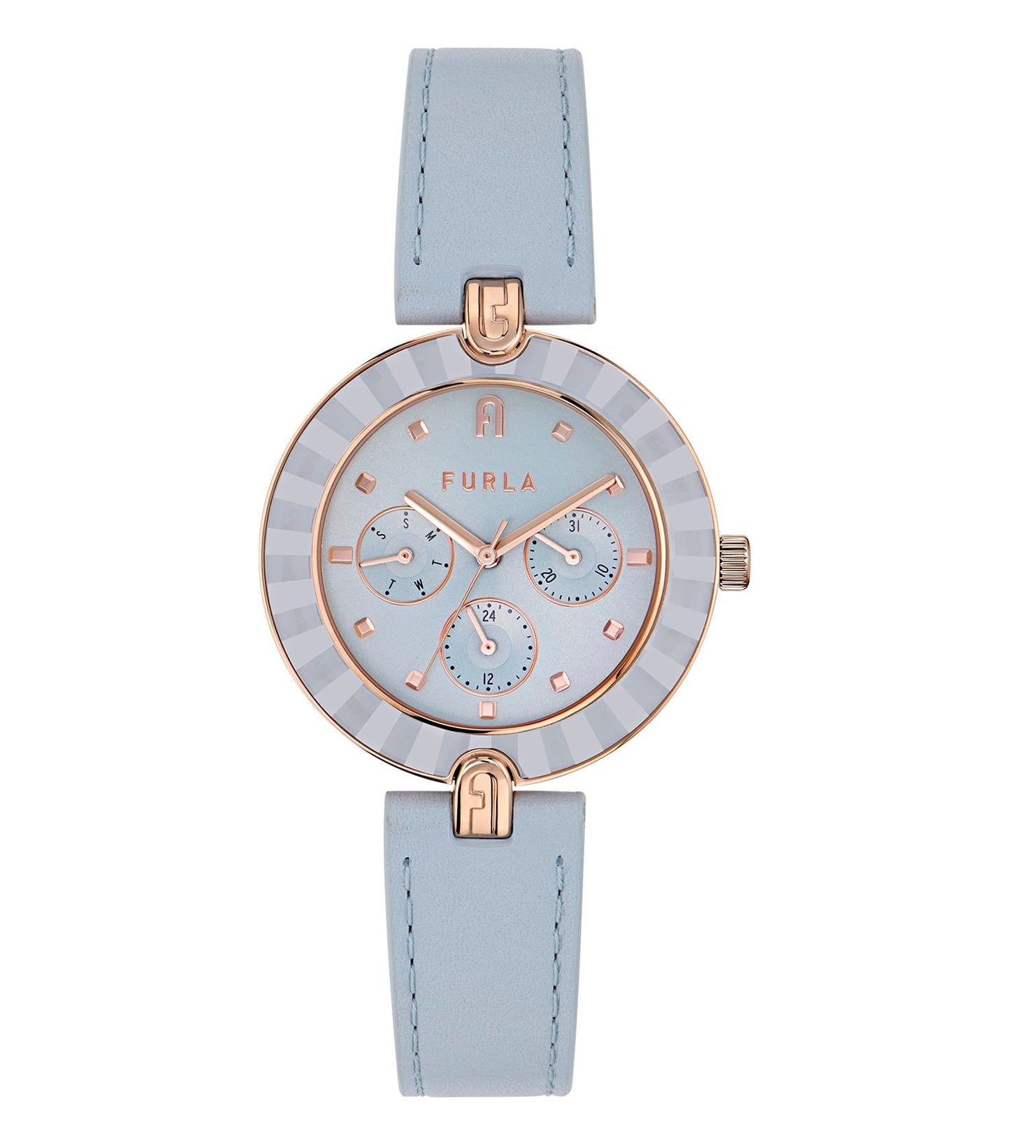 Furla brown wristwatch with elegant links, side angle view showcasing its sophisticated dial and minimalist design.