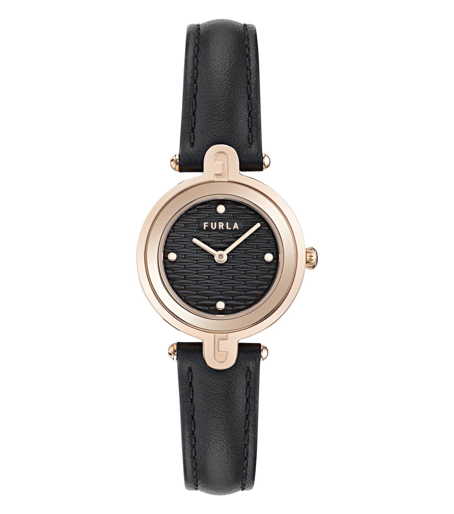 Rose Gold case - Black leather strap - Black textured dial