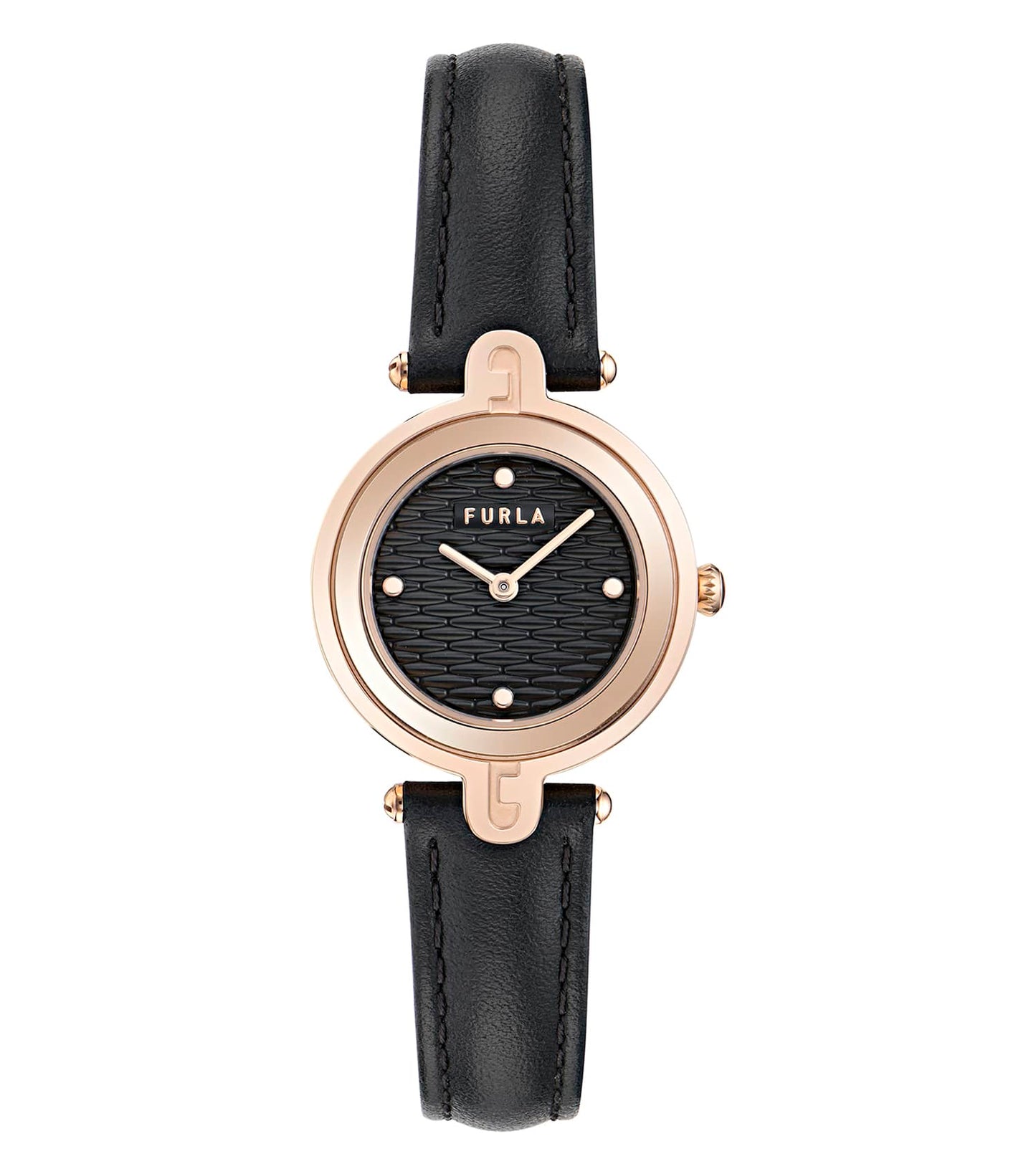 Rose Gold case - Black leather strap - Black textured dial