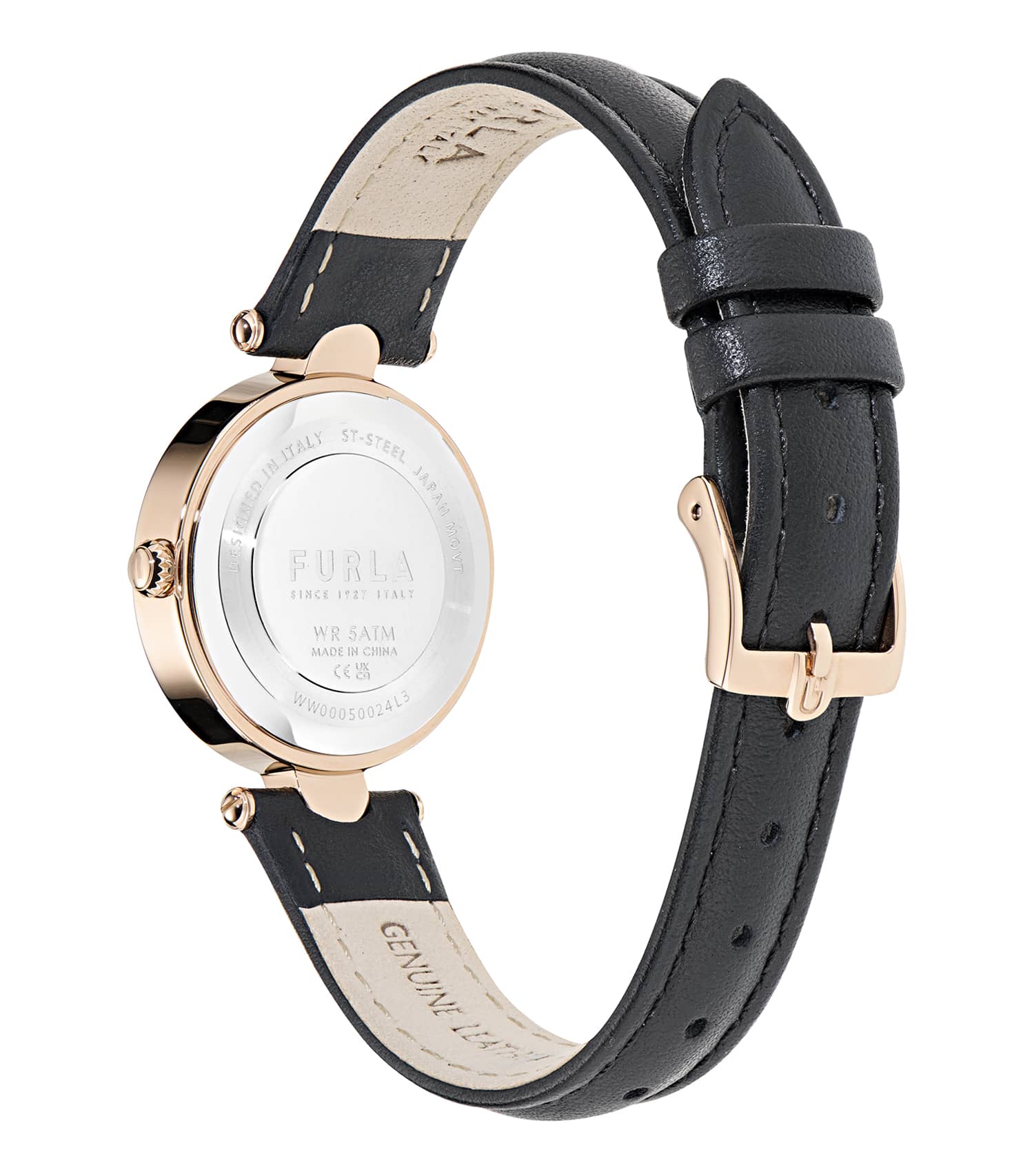 Rose Gold case - Black leather strap - Black textured dial